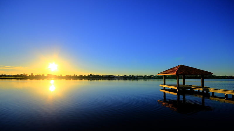 sunrise on lake orr in australia, sunrise, lake, town, pier, HD wallpaper