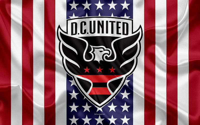 DC United logo, silk texture, American flag, DC United FC emblem, football club, MLS, Washington, USA, Major League Soccer, Eastern conference, HD wallpaper