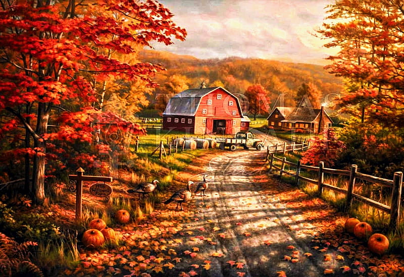 Late Afternoon on the Farm, painting, fall, autumn, trees, colors, barn, house, artwork, pumpkins, leaves, truck, HD wallpaper