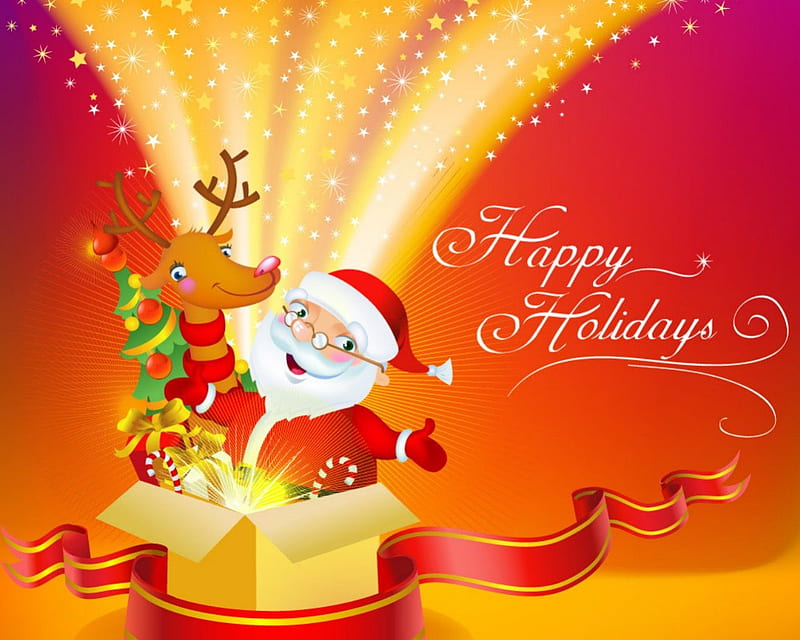 Happy Holidays, Christmas, Santa Claus, deer, gifts, HD wallpaper