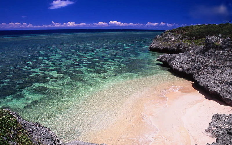 Beautiful beach, rocks, sand, green water, blue sky, very nice view, HD wallpaper