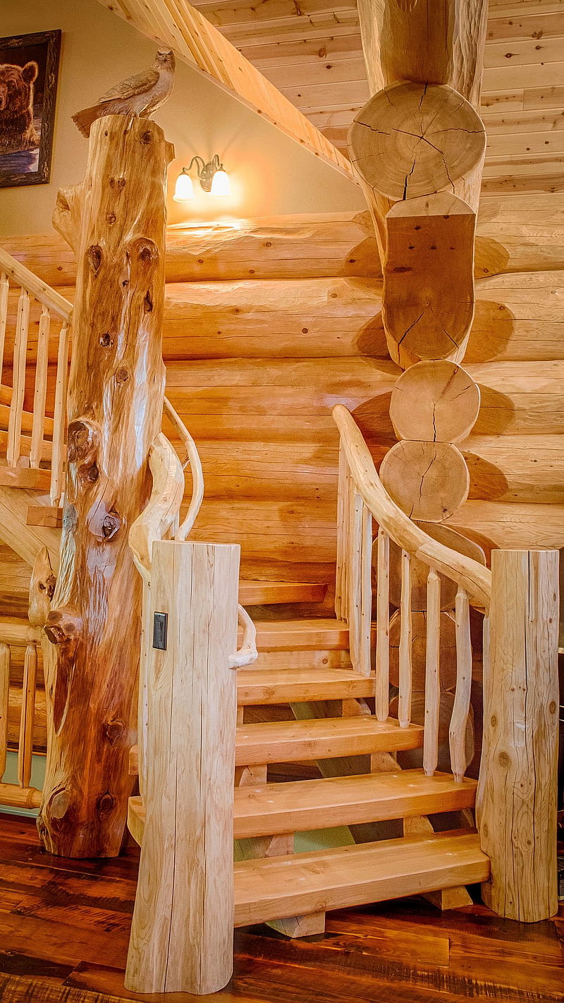Log Cabin, beams, interior, lights, railings, stairs, walls, HD phone wallpaper