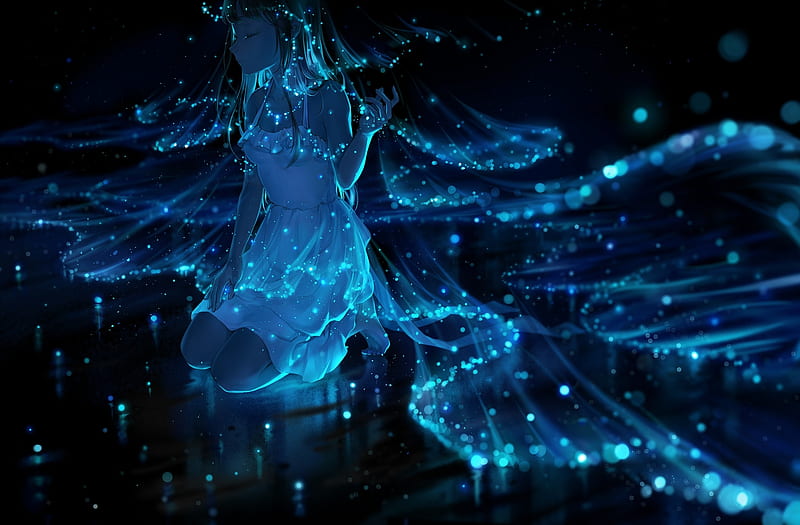 Wallpaper Anime Girl, Blue Light, Sparkle, Trees - Resolution:2560x1440 -  Wallpx