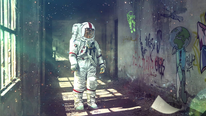 astronaut, sci-fi, wall, text, sunligth, building, window, Space, HD wallpaper