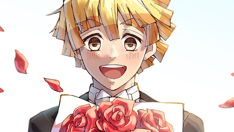 demon slayer zenitsu agatsuma laughing having red roses with white background anime-, HD wallpaper