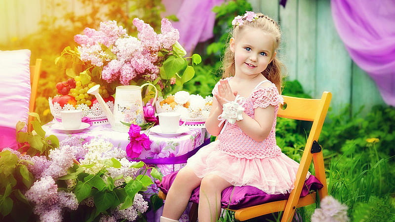 Beautiful Cute Little Girl Is Sitting On Wood Chair Wearing Pink Dress Near Table Cute, HD wallpaper