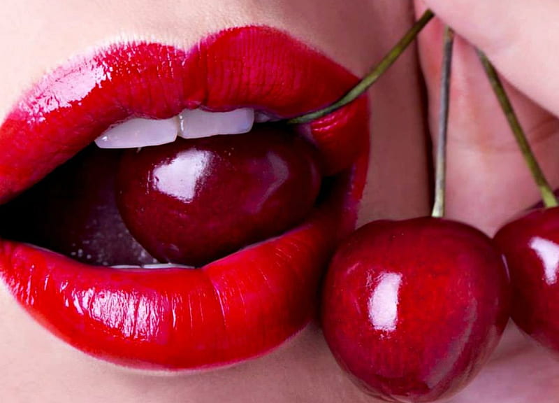 Cherry red, fruit, red, mouth, lips, woman, lipstick, cherry, HD wallpaper