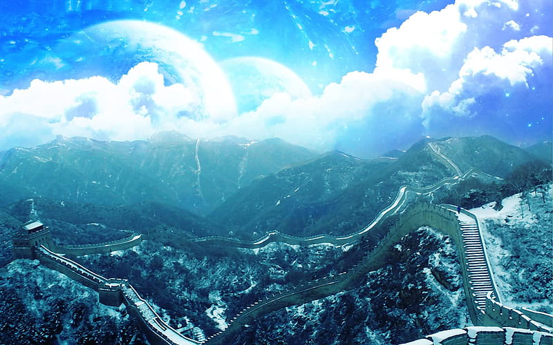 Chinese Wall, architecture, planets, pretty, wonderful, stunning, space, bonito, clouds, mountain, nice, outstanding, people, valley hills, person, stars, art, amazing, cloud, fantastic, sunlight, sky, wall, abstract, planet, mountains, skyphoenixx1, awesome, nature, HD wallpaper