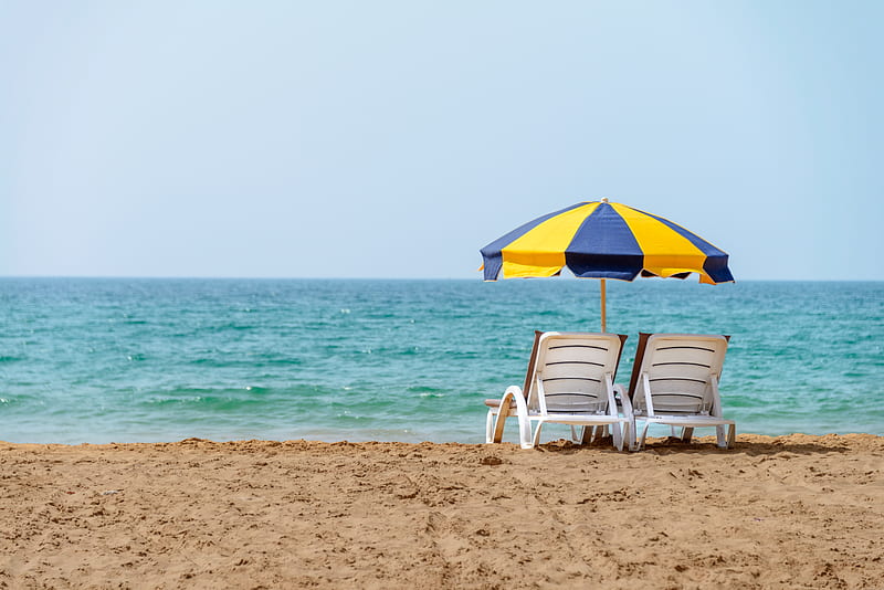 deck chairs, umbrella, beach, sea, summer, vacation, HD wallpaper