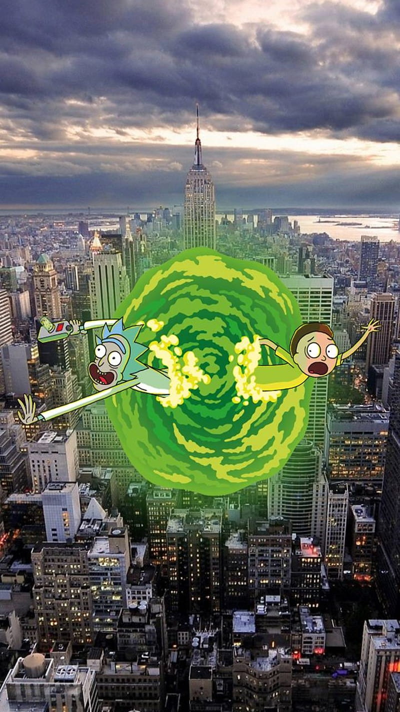 NYC, rick and morty, portal, rick and morty new york, new york, fecklessabandon, feckless, HD phone wallpaper