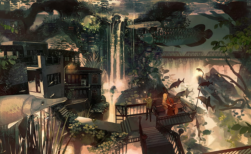 underwater city, instruments, music, waterfall, Anime, HD wallpaper