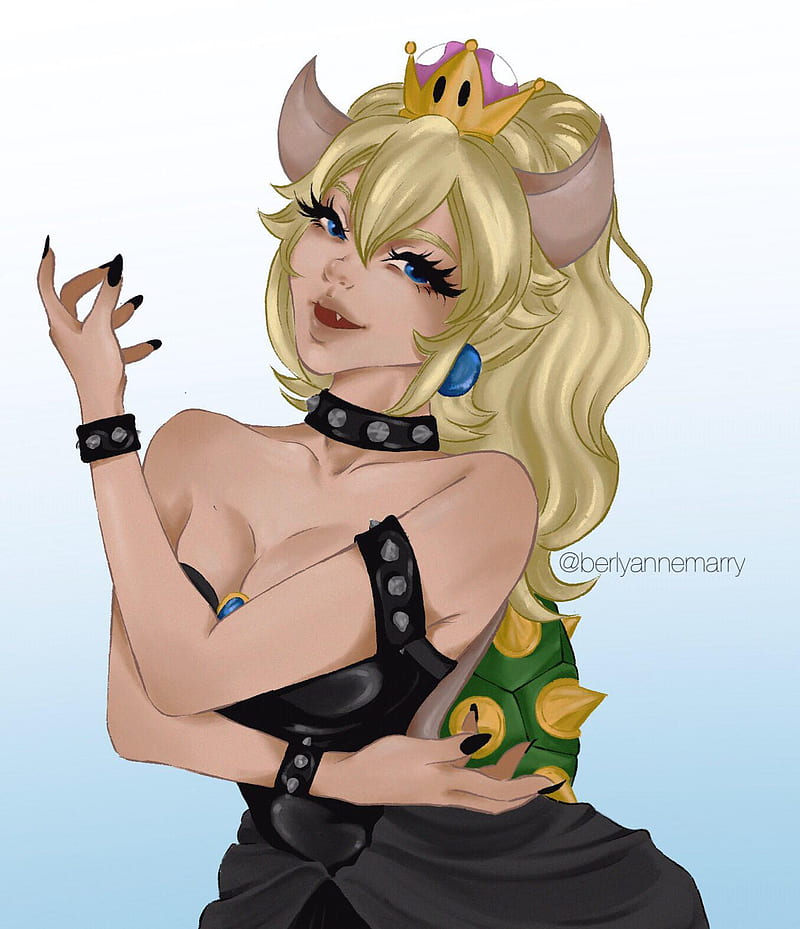 Bowsette, Super Mario, anime girls, painted nails, anime, blonde, crown, horns, HD phone wallpaper