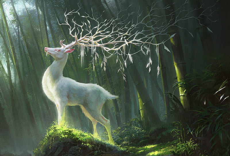 Saccred white deer, forest, art, luminos, horns, deer, g host lee, fantasy, green, white, HD wallpaper