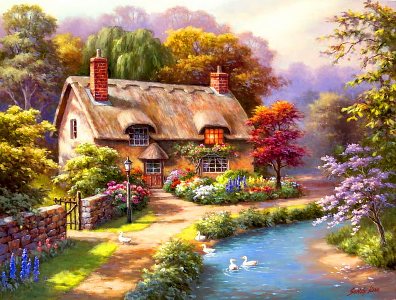 Duck path cottage, art, house, cottage, Sung Kim, bonito, spring, creek, que, countryside, duck, painting, path, village, HD wallpaper