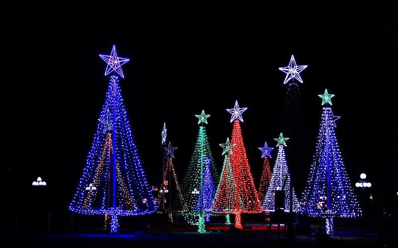 Merry Christmas, Neon Christmas trees, night, street, winter, snow, Glowing Christmas trees, New Year, Christmas, HD wallpaper