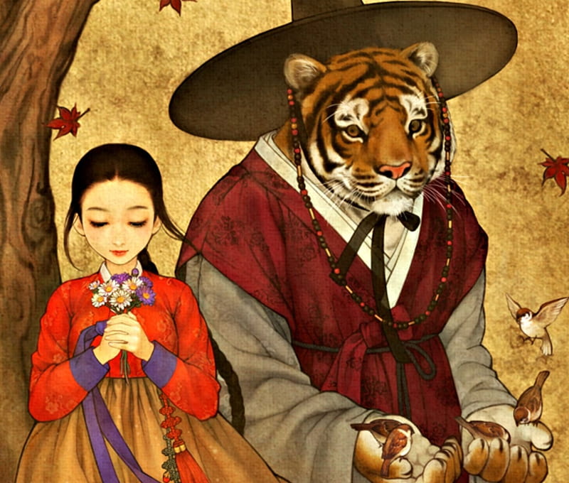 Beauty and the Beast, red, autumn, orange, manga, tiger, kimono, animal, obsidian, hat, leaf, girl, bird, anime, beast, asian, beauty, HD wallpaper
