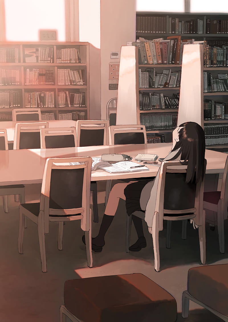 girl, library, study, anime, HD phone wallpaper