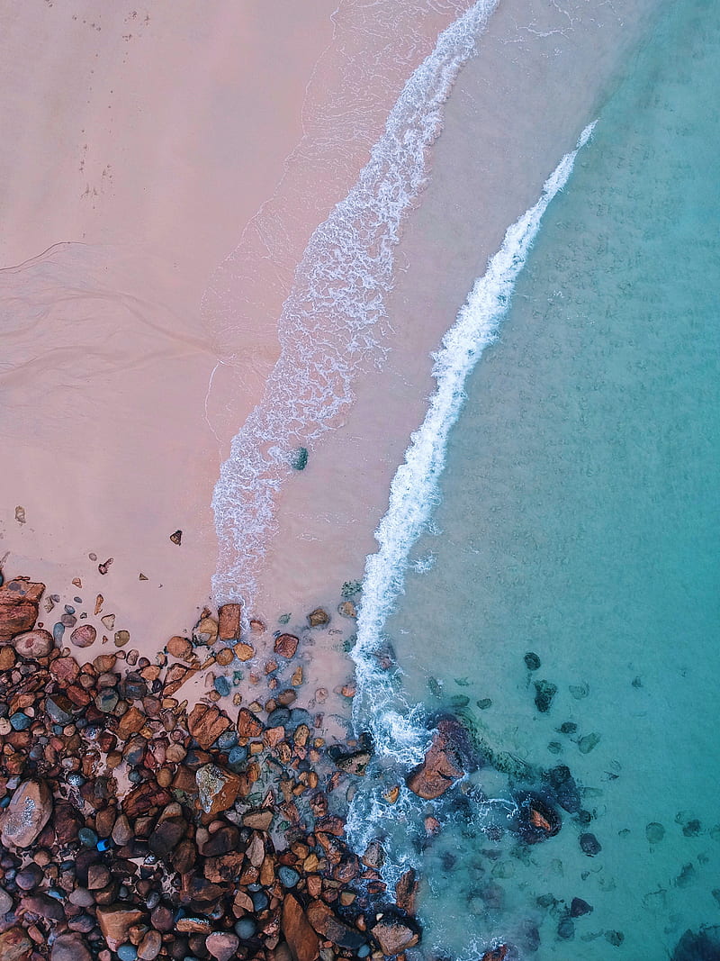 ocean, beach, aerial view, sand, stones, surf, foam, HD phone wallpaper