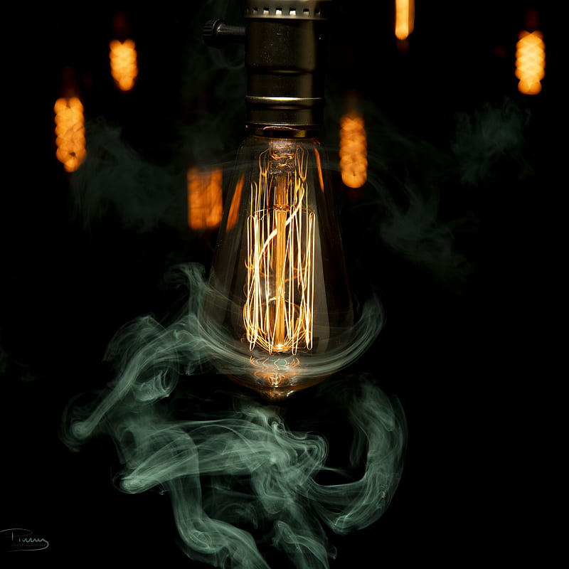 light bulb, incandescent, light, smoke, dark, HD phone wallpaper
