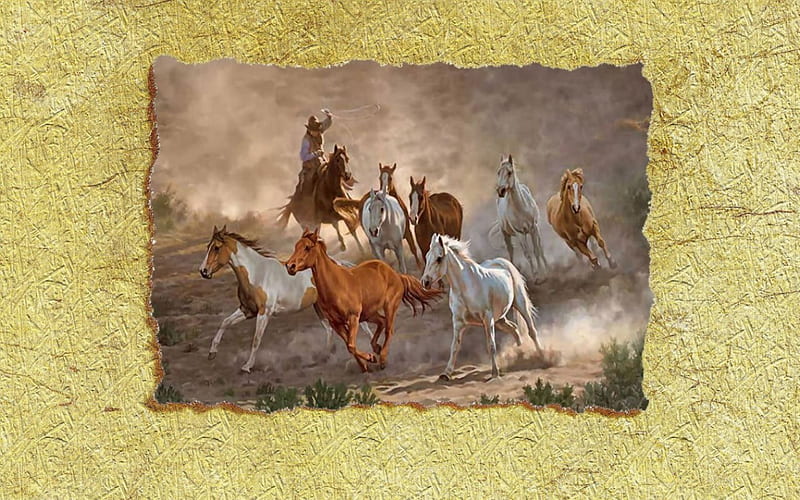 Homeward Bound - Horses 1, art, herd, equine, cowhand, horse, artwork, animal, painting, wide screen, HD wallpaper