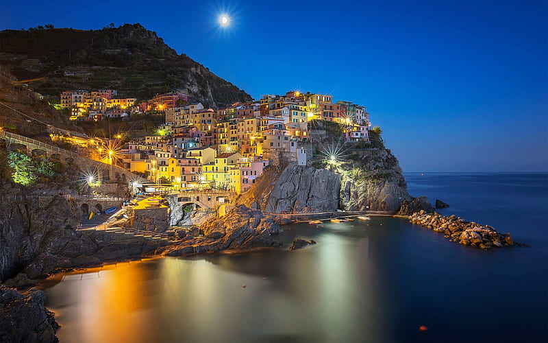 Manarola, evening, sunset, Mediterranean sea, Manarola seascape, beautiful coast, Liguria, Italy, HD wallpaper