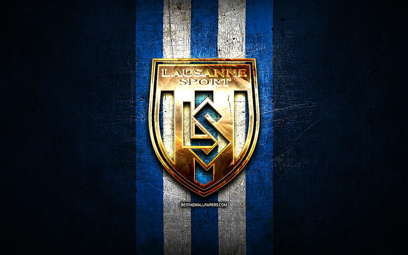 FC Lausanne, golden logo, Swiss Super League, blue metal background, football, Lausanne FC, swiss football club, Lausanne logo, soccer, Switzerland, HD wallpaper
