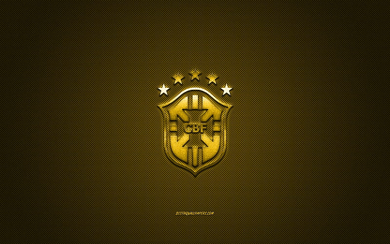 Brazil national football team, emblem, yellow logo, yellow carbon fiber background, Brazil football team logo, football, Brazil, HD wallpaper