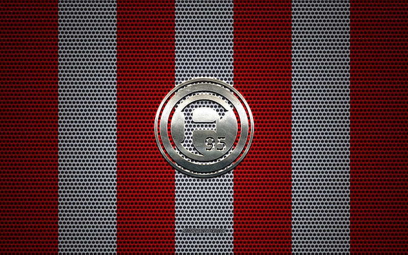 Fortuna Dusseldorf logo, German football club, metal emblem, red and white metal mesh background, Fortuna Dusseldorf, Bundesliga, Dusseldorf, Germany, football, HD wallpaper