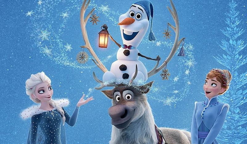 Olaf's Frozen Adventure (2017), poster, anna, luminos, movie, elsa, snwoman, iarna, fantasy, olafs frozen adventure, reindeer, white, princess, disney, blue, HD wallpaper