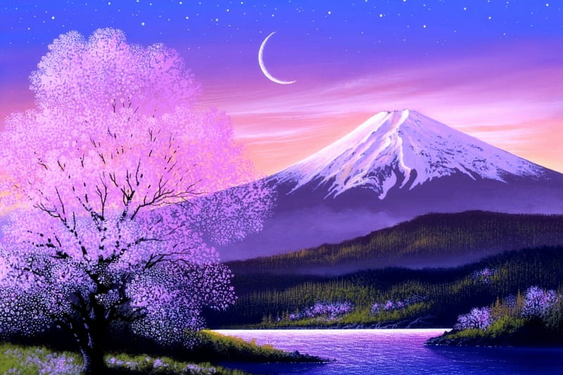 ✫Cool Twilight Mountain✫, stunning, splendid, grass, crescent moon, attractions in dreams, bonito, twilight, clouds, paintings, waterscapes, landscapes, heaven, flowers, beauty, scenery, drawings, rivers, colors, love four seasons, places, creative pre-made, sky, trees, cool, paradise, purple, mountains, plants, nature, HD wallpaper
