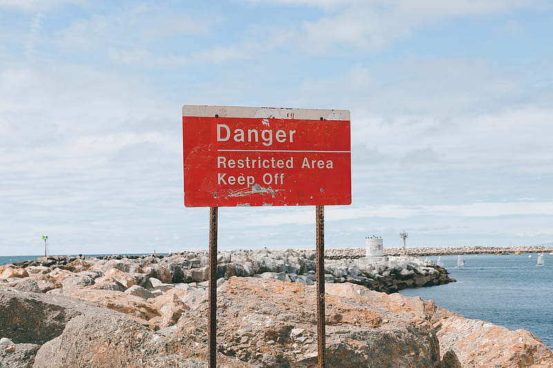 danger, sign, shore, stones, HD wallpaper