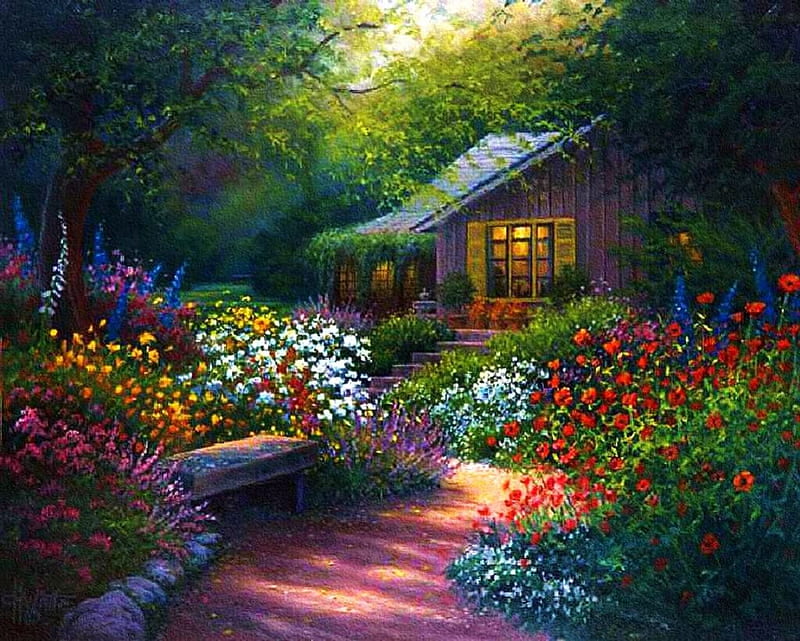 Cottage in Garden, house, painting, shadows, path, Flowers, trees, HD wallpaper