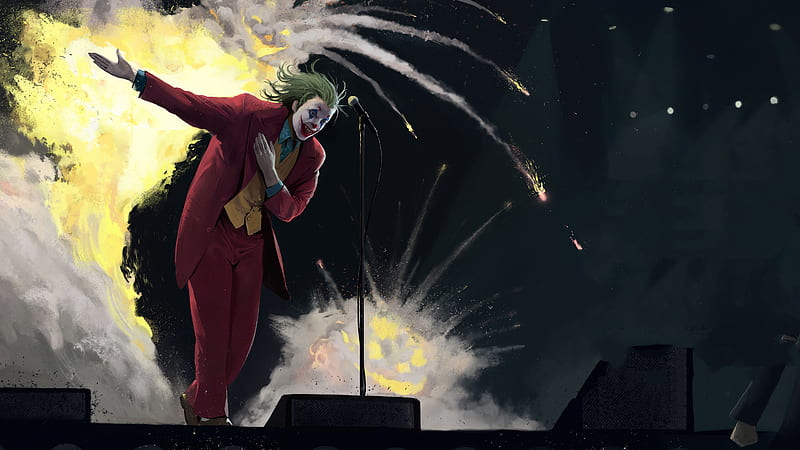 Joaquin Phoenix Joker On Stage With Background Of Fire Gray And Black Joker, HD wallpaper