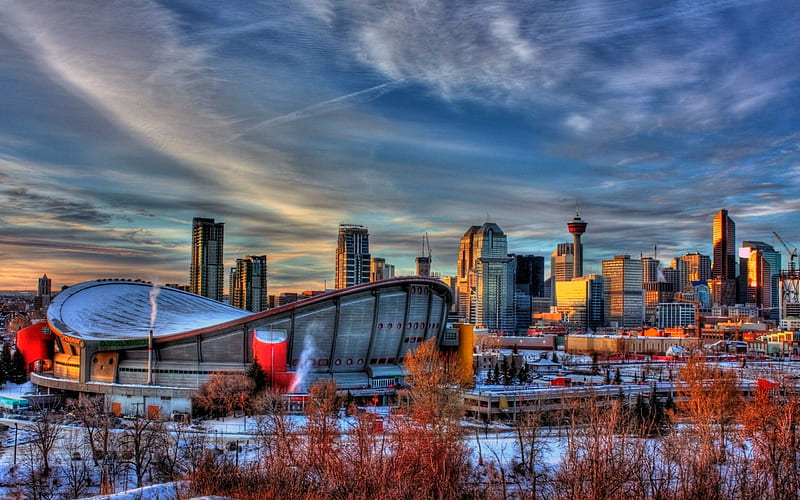 Saddledome, Calgary, Canada, skyscraper, sport arena, alberta, city, snow, r, trees, clouds, HD wallpaper