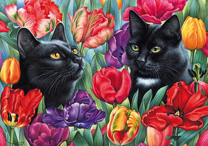 :), black, yellow, pisici, cat, tulip, red, irina garmashova, art, painting, pictura, HD wallpaper