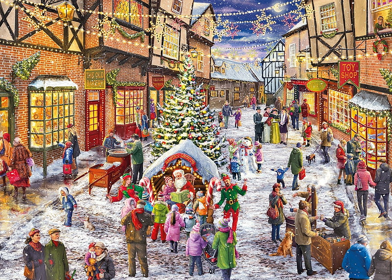 Santa's Grotto, christmas, snowman, chestnuts, tree, santa, mulled wine, old town, carol singers, snow, toys, HD wallpaper
