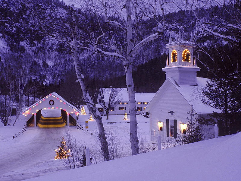 WHITE CHRISTMAS, forest, house, christmas, church, winter, cold, snow, bridge, white, light, HD wallpaper