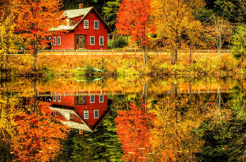Reflexiones de otoño, otoño, otoño, Cabañas, cabaña, follaje, río,  reflexión, Fondo de pantalla HD | Peakpx