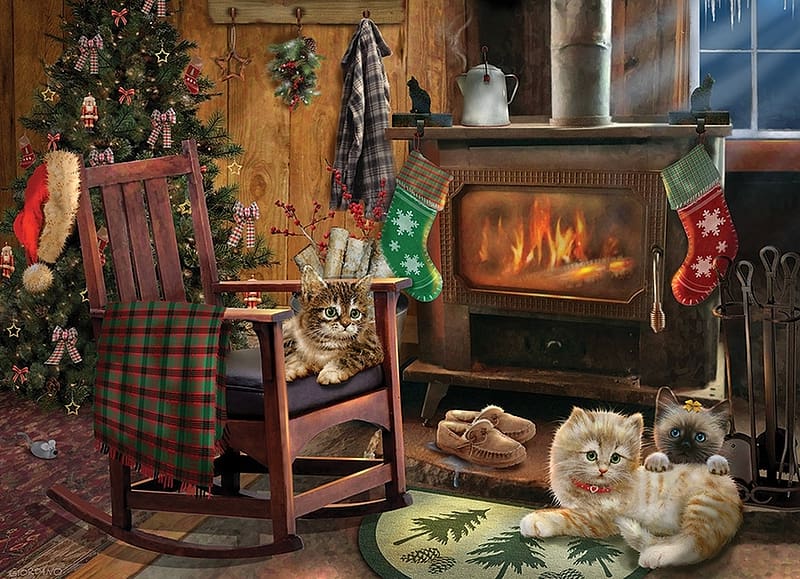 Waiting for Santa, cat, craciun, room, kitten, art, christmas, HD wallpaper