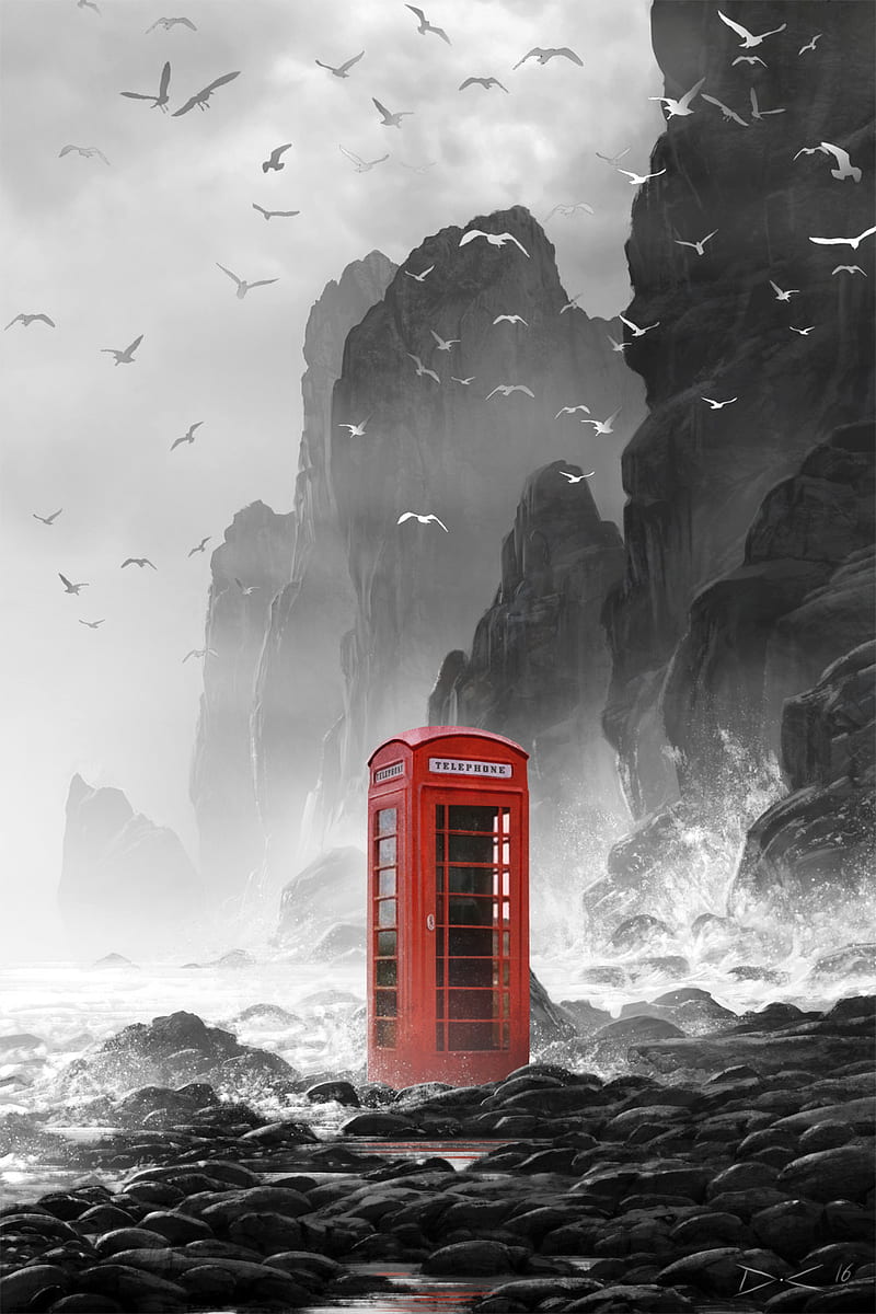 phone box, rocks, cliff, sea, water, birds, HD phone wallpaper