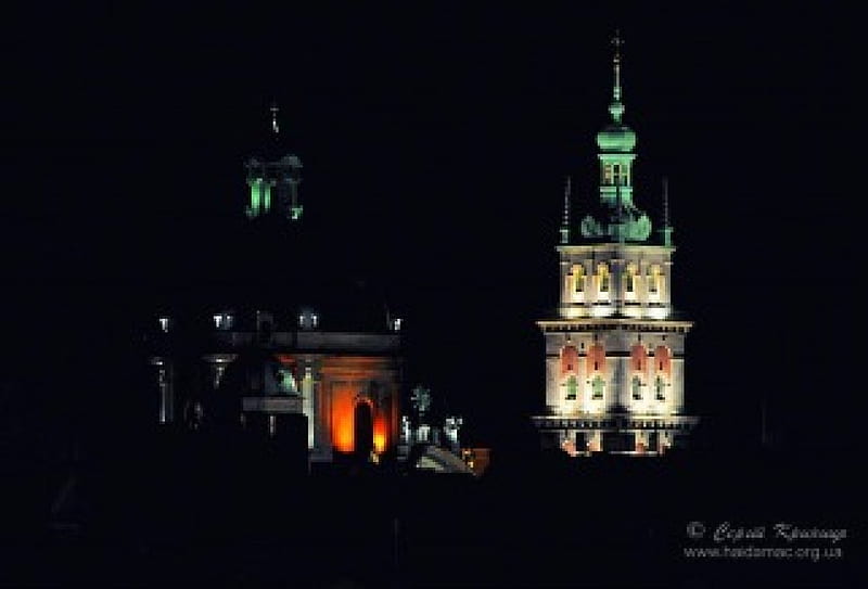 L’viv at night, world, ukraine, tower, lviv, night, HD wallpaper