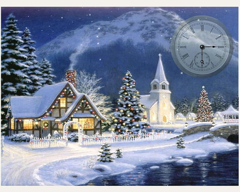 Christmas vacation, tree, christmas, holiday, snow, clock, new year, winter, HD wallpaper