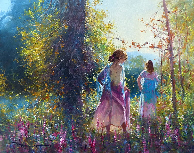 Girls, forest, art, luminos, robert hagan, woman, tree, girl, green, painting, summer, pictura, pink, blue, HD wallpaper