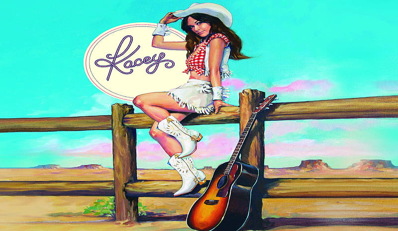 Country Star . ., fence, cowgirl, boots, digital art, outdoors, women, brunettes, Kacey Musgraves, country music, girls, hats, female, ranch, fun, guitar, western, pinup, style, HD wallpaper