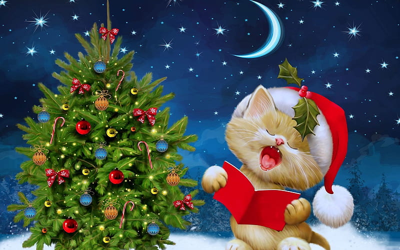night snow, christmas, winter, christmas tree, cat, new year, HD wallpaper