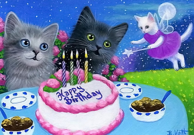 feliz cumpleaños !, pintura, pastel, gatos, hada, Fondo de pantalla HD |  Peakpx