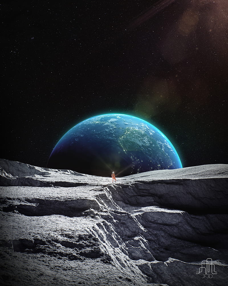 moon surface, astronaut, earth, galaxy, stars, Space, HD phone wallpaper
