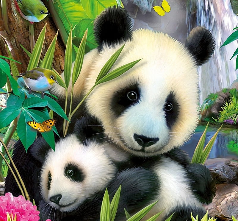 Panda bears, art, bear, black, mother, animal, panda, cute, painting, cub, flower, white, pictura, pink, HD wallpaper