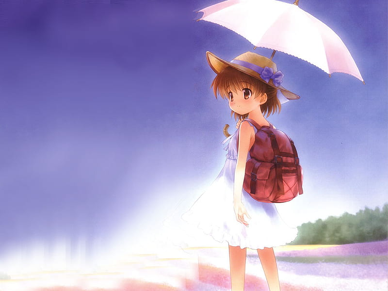 Take a Trip !!, bag, umbrella, game, clannad, key, hat, okazaki, ushio, anime, little girl, white, HD wallpaper