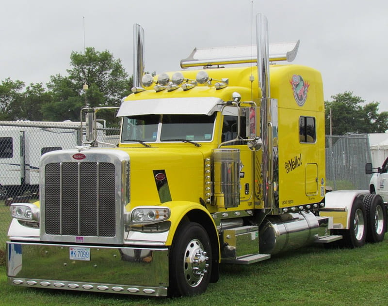 Peterbilt big rig, cool, pete, big rig, semi, yellow, truck, chrome, peterbilt, HD wallpaper